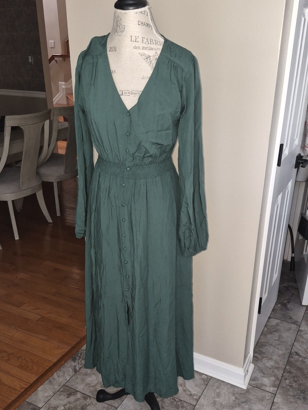 MIAMINE EUC OLIVE POCKETED LINED SMOCK WAIST DRESS SIZE MEDIUM